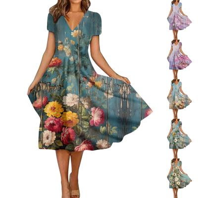 Summer Casual Dresses For Women,Short Sleeve Swing Sundress Floral Print T-shirt Dress