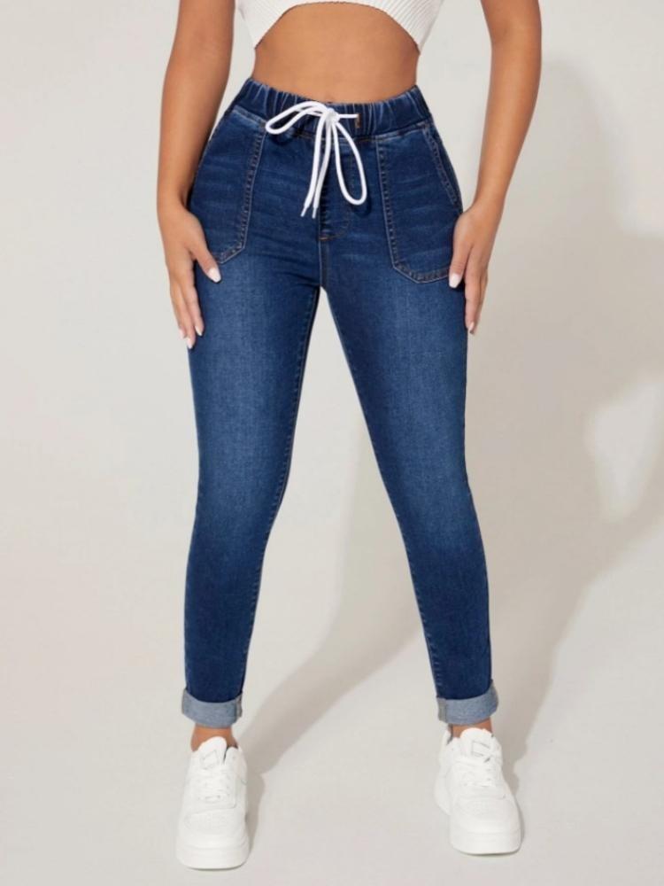 Women Skinny Jeans Stretch High Elastic Waist Drawstring Denim Pencil Pants Ankle Length Fashion Autumn Winter
