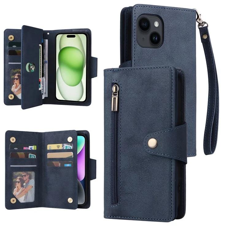 

Для iPhone 15 Plus Wallet Rivet Decor PU Leather Case Stand Phone Cover