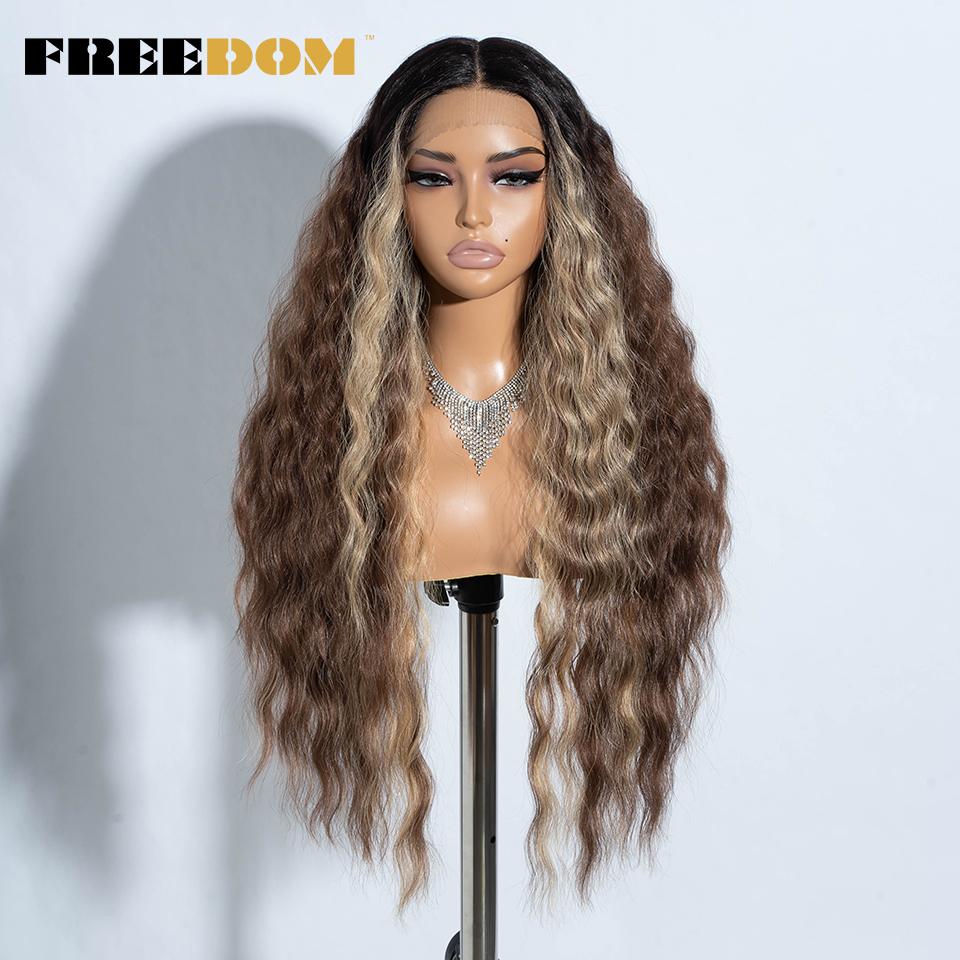 

FREEDOM Synthetic Lace Front Wig Long Deep Wavy Ombre Blonde Ginger Lace Wigs For Black Women Heat Resistant Cosplay Wigs (as the picture,30inches&PART LACE WIG)