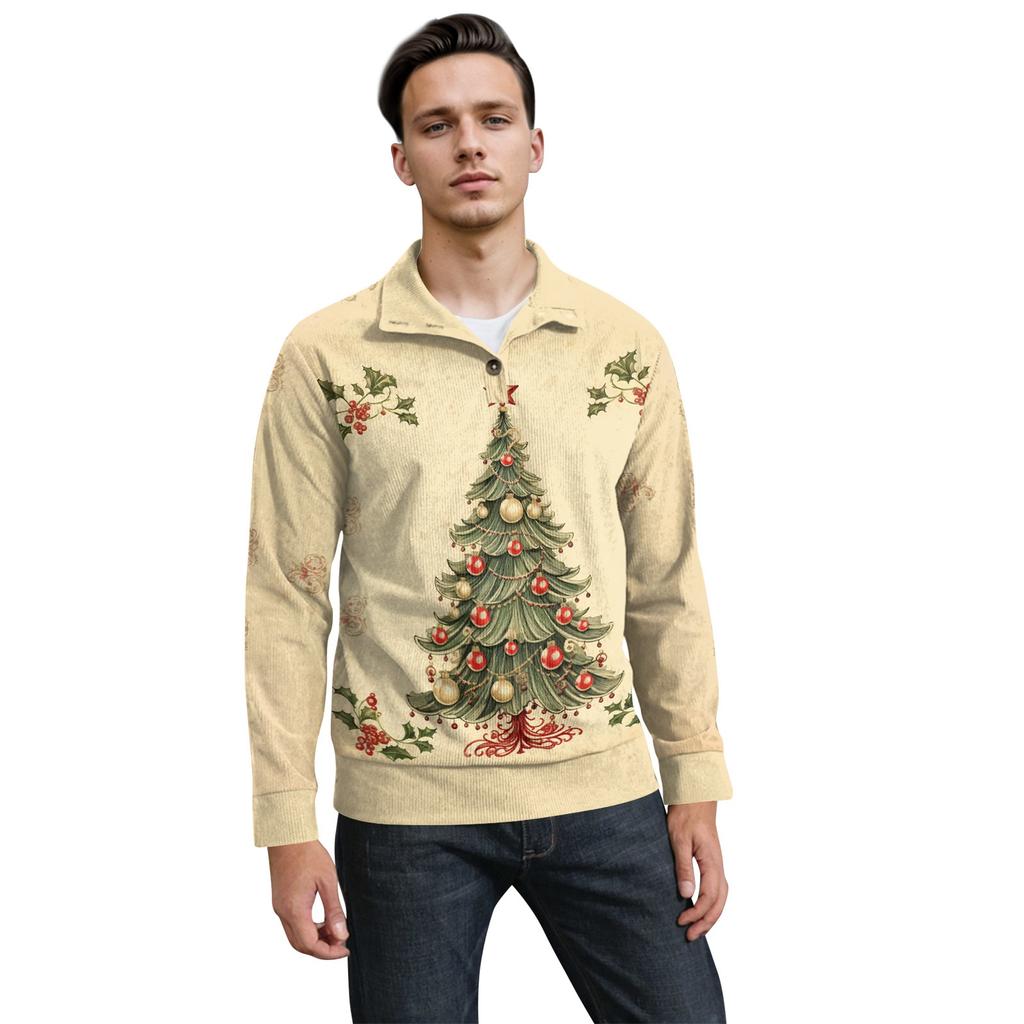 Men's Christmas Cotton Pullover Long Sleeve Outdoor Shirt Vintage Corduroy Button Stand Collar Shirt Casual Sweatshirt Christmas Print Top