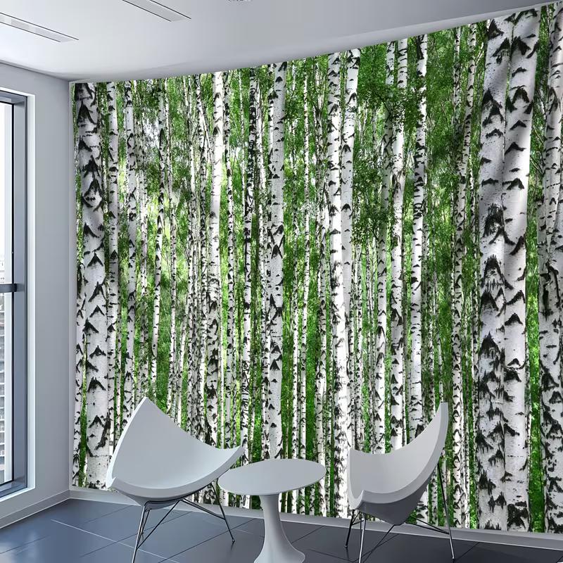 2D Frisch-Birkenwald-Wandteppich, Hoher Weißer Birkenbaum Wandbehang, Grüne Naturlandschaft Dekor