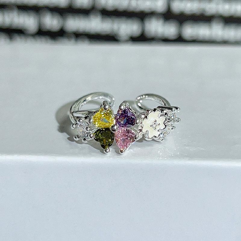 Dopamine Colorful Enamel Flower Butterfly Open Ring Mori Sweet Girly Style Inlaid Zircon Niche Light‑Luxury Adjustable Stackable Decorative Ring