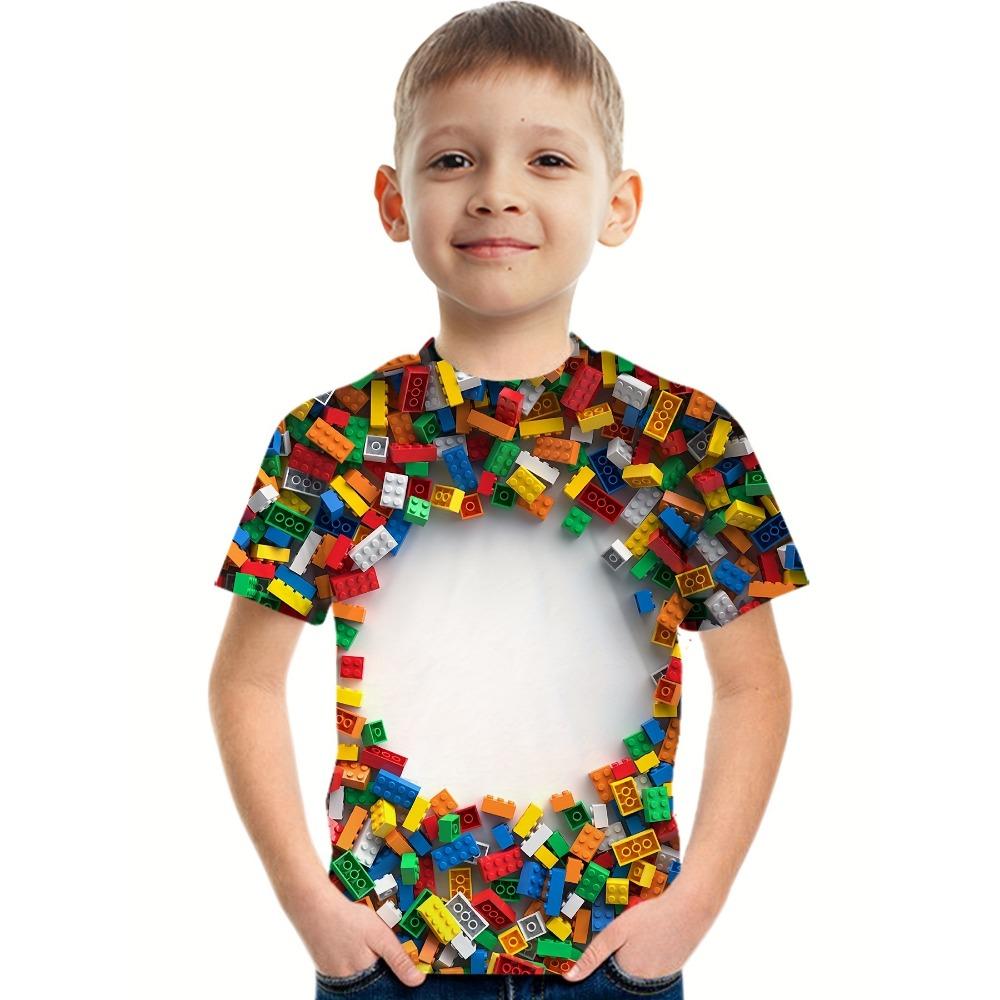 Kids Clothes Boys Short Sleeve T-Shirt Child T-Shirt Fashion Building Blocks 3D Print Children Top Summer Clothes Girls Clothes