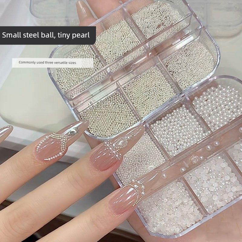 Nail Art Pearl Accessories, Off-White Flat-Bottomed Half-Round Pearls, Mini Steel Beads, Versatile Nail Rhinestones, 3D Nail Decorations