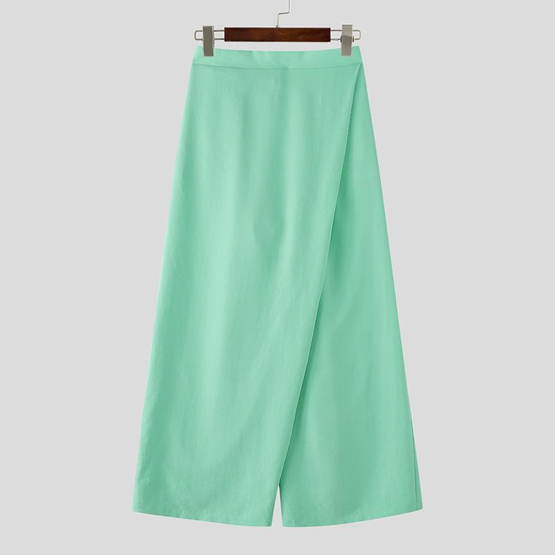 INCERUN Men Back Elastic Waist Wrap Casual Baggy Long Wide Leg Pants Trousers