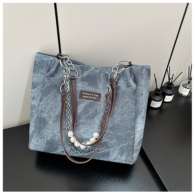 

Джинсовая сумка женская 2025 лето новая простая модная универсальная сумка через плечо большая вместимость сумка-тоут синий