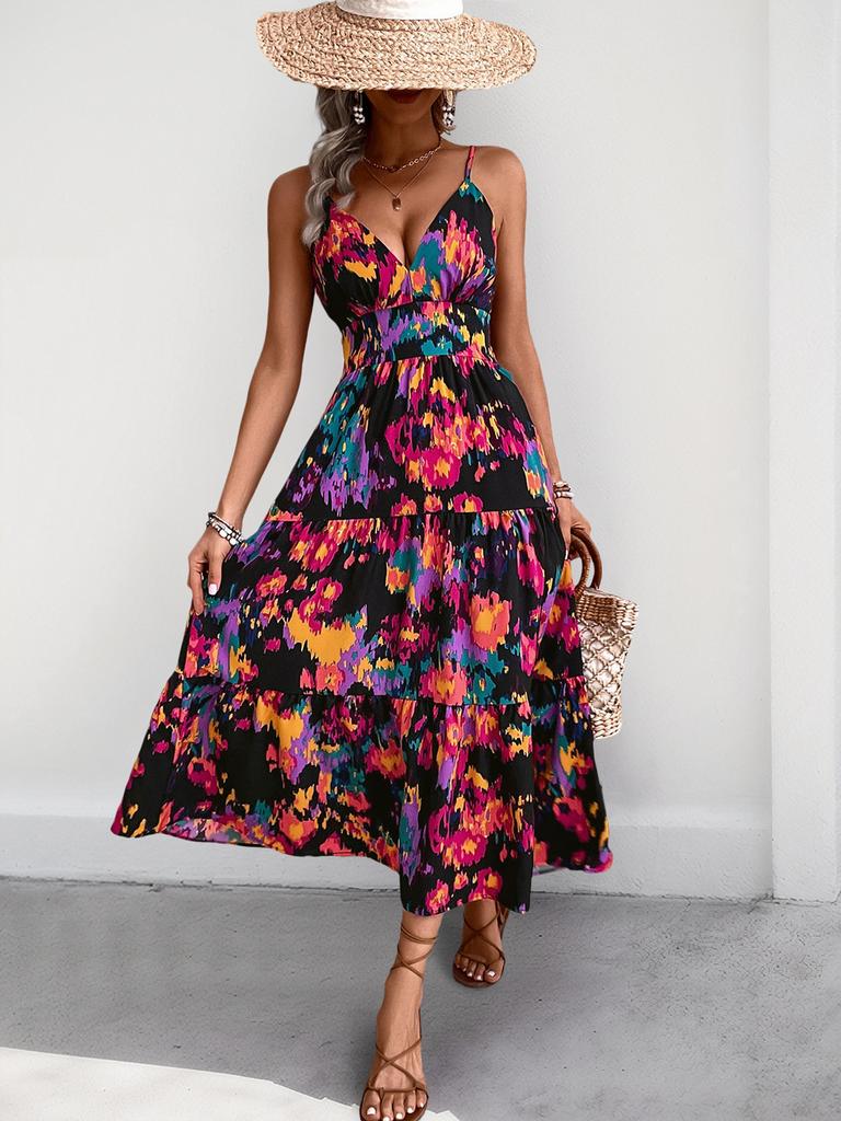 Skirt printed A-line long skirt with slit suspender backless dress