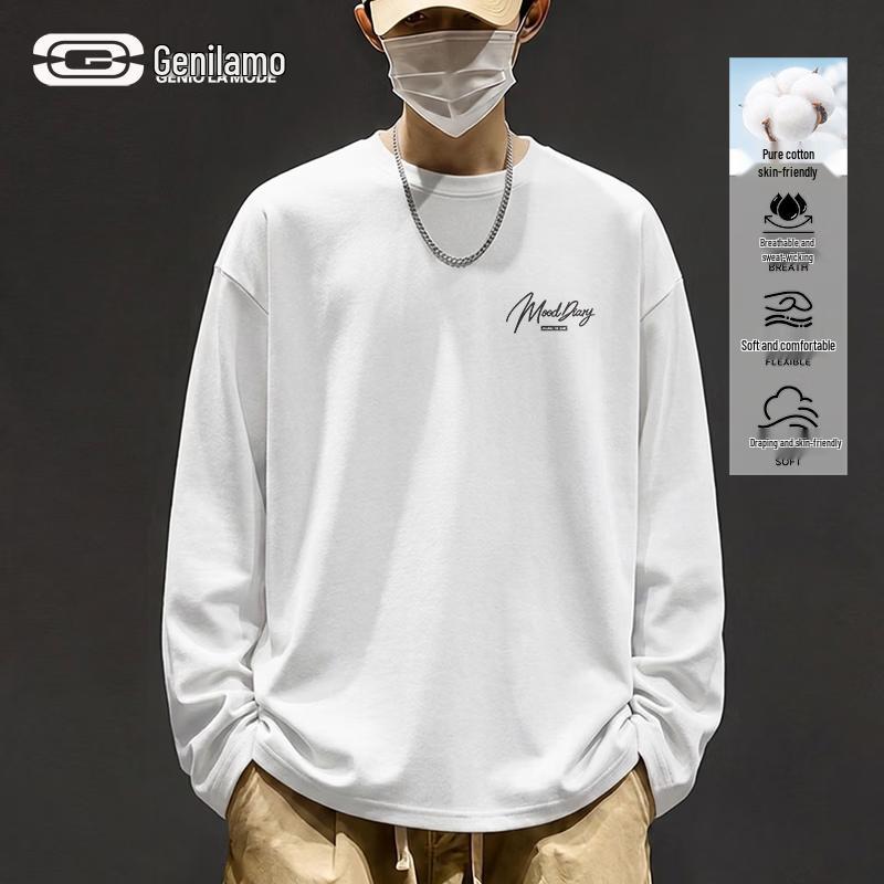 GENIOLAMODE Men's Heavyweight Cotton Long-Sleeve Crewneck T-Shirt