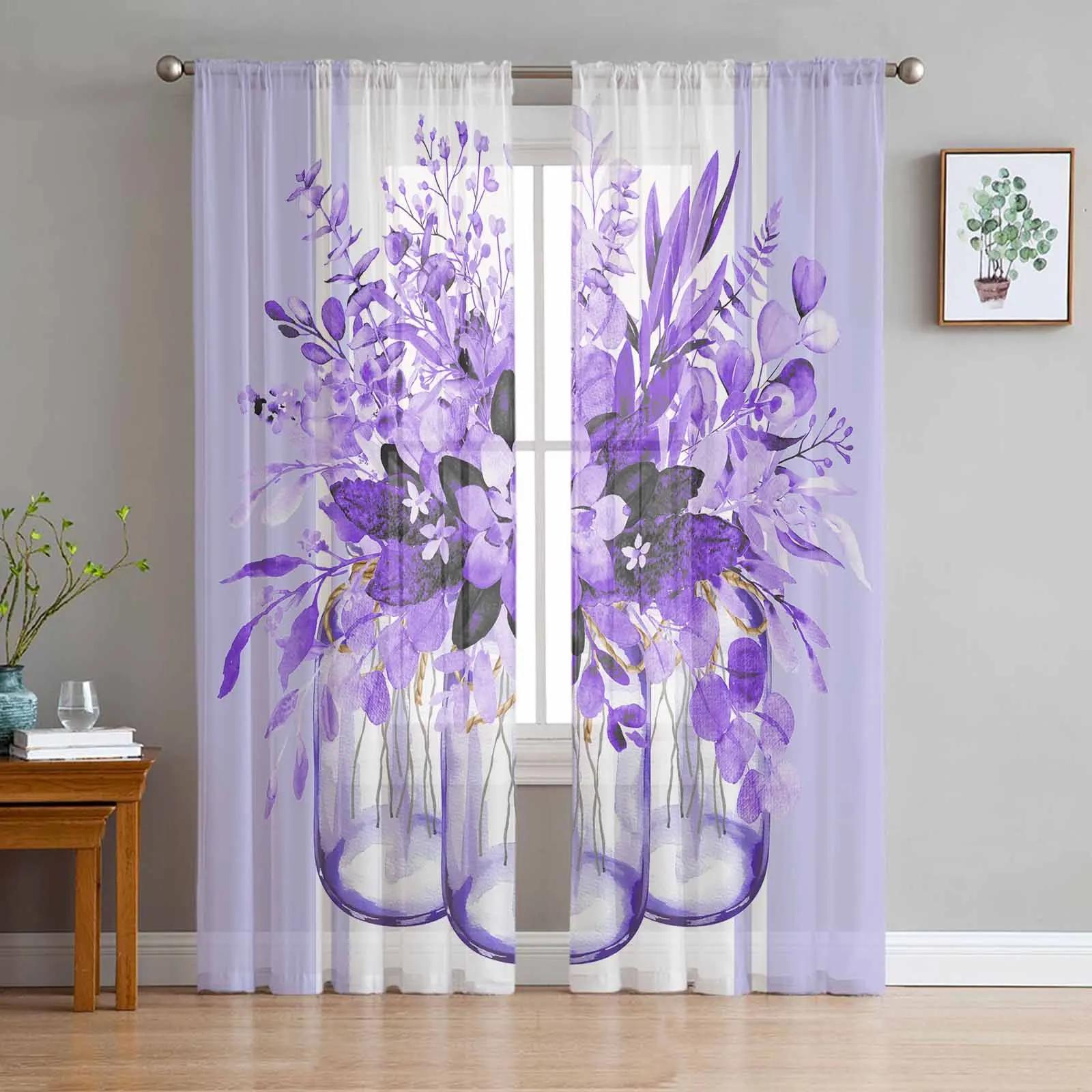 

Violet Purple Floral Lavender Romance Transparent Curtains for Living Room Decoration Window Panel Curtain Cooking Area Fine Netting Voile Organza W135 x H115cm x1&Rod Pocket