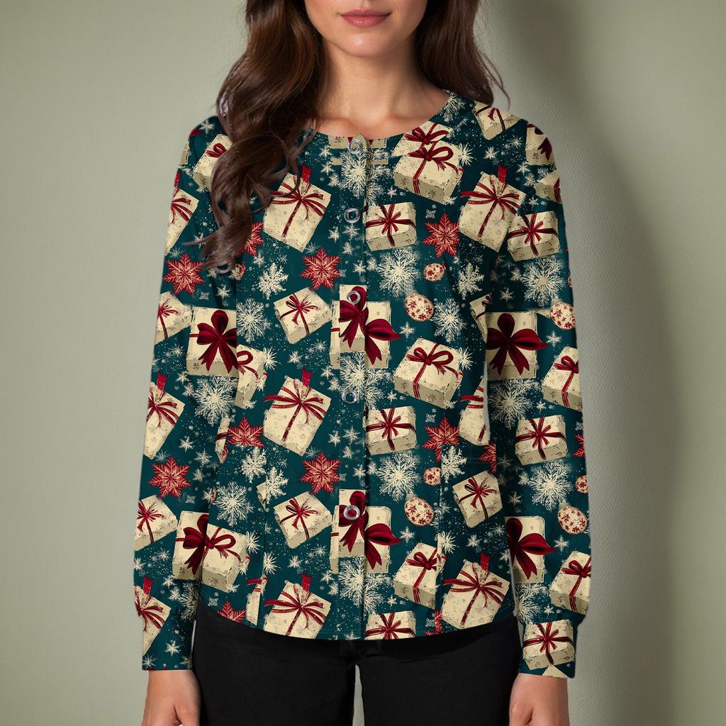 Women's Casual Long-sleeved Single-breasted Christmas Printed Protective Clothing Cardigan Top