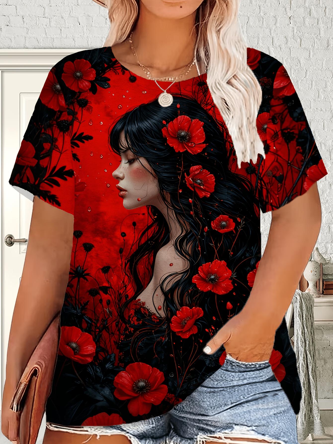 

Elegant Women S Short-Sleeve T-Shirt with Rose Print And Round Neck. Suitable for Spring. Summer. And Autumn. Fashionable And Versatile for Commuting. M