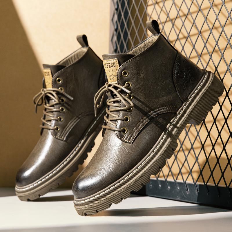 Fashion Brand Autumn Winter Shoes Men Leather Boots Thick Sole Non-slip Warm Plush Cold Winter Cow Leather Male Ankle Botas Black