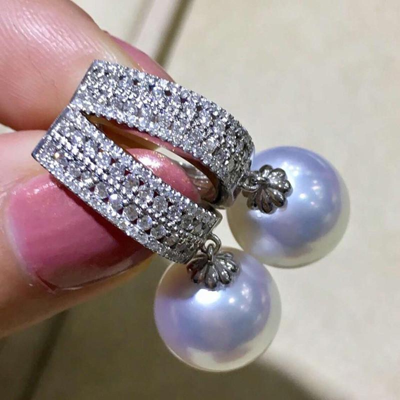 925 Sterling Silver Pearl Dangle Earrings for Women Luxury Paved Dazzling CZ Stone Aesthetic Bridal Wedding Jewelry Gift