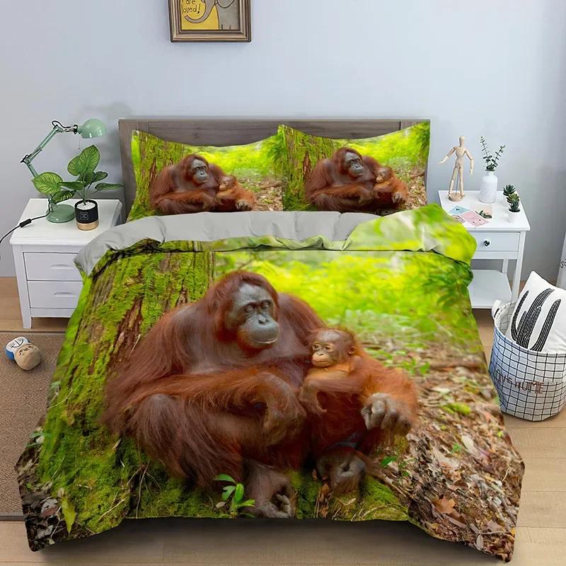 Orangutan Duvet Cover King Queen Size Cute Monkey Bedding Set Palm Leaves Tropical Botanical Polyester Comforter Cover for Adult