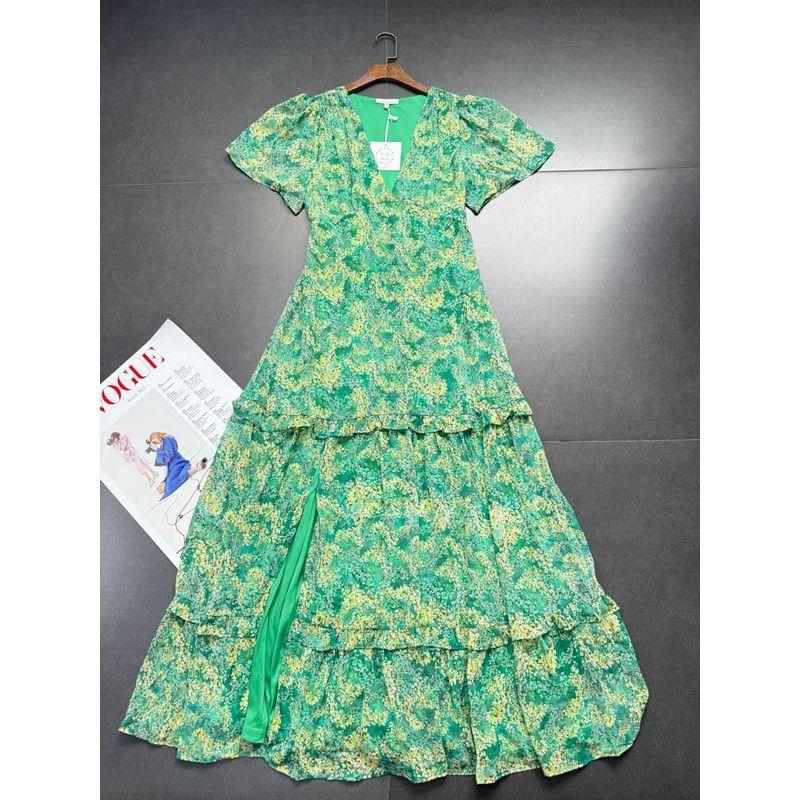 

Foreign Trade Order Baebely Cuizhu Flower Pink Green Series Deep V-neck French style Waist Hugging Large Dress Chiffon Green Green Pearl Flower M
