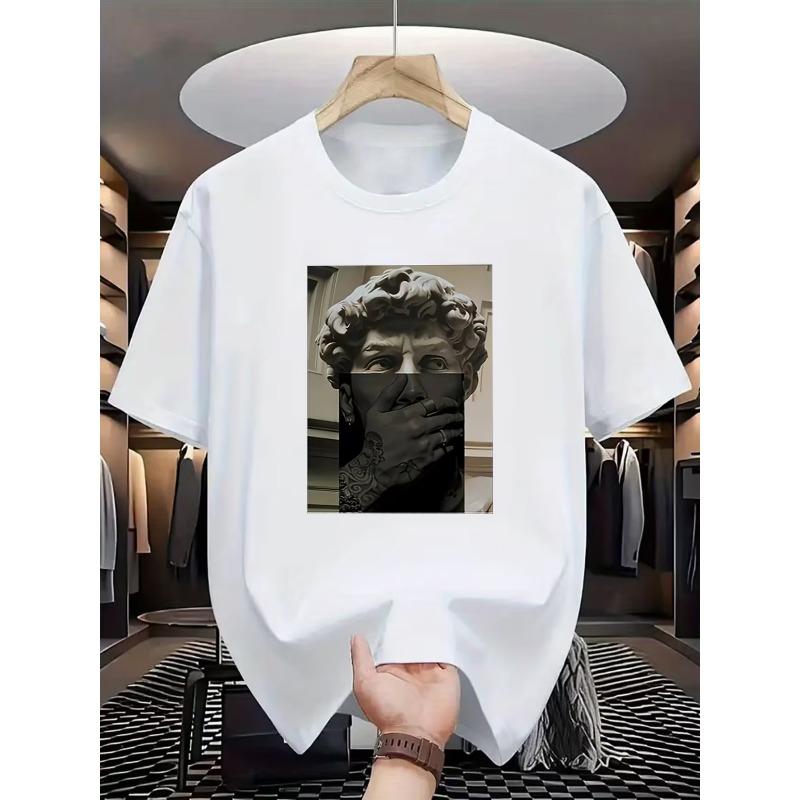 Men'S T-Shirt, Classical Sculpture Mouth Covering Theme Hand Tattoo Art Print, Commuter Texture Fabric, Regular Comfortable Fit, Urban Trendy