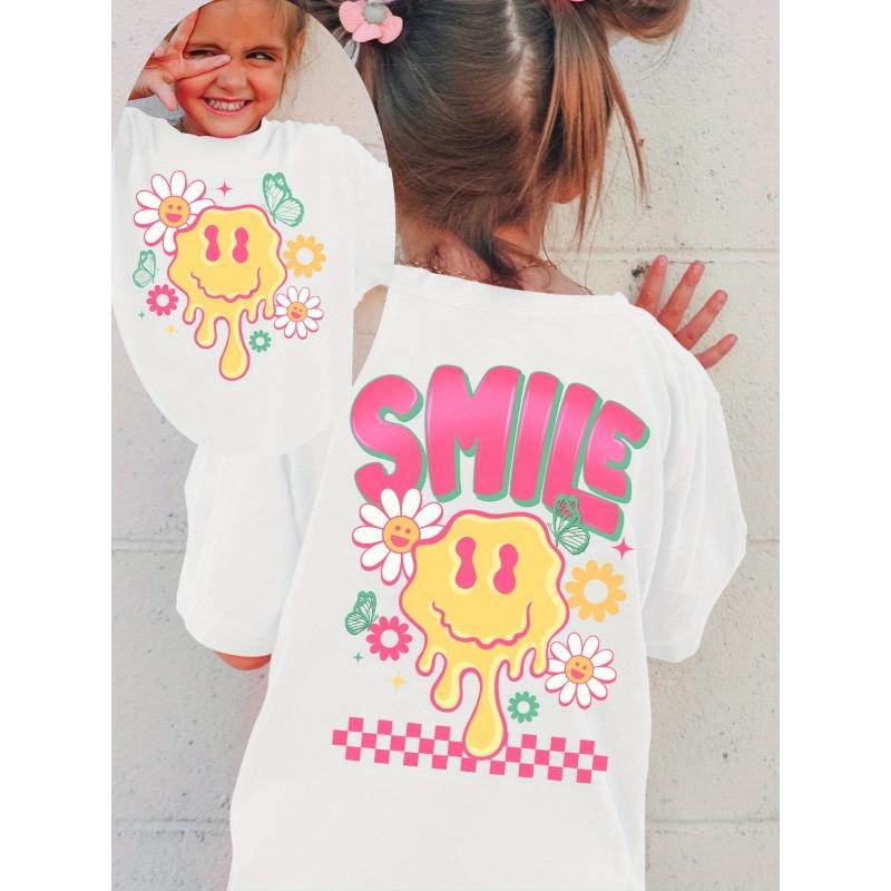 Summer Fashion Girls Short Sleeve T-Shirt with Joyful Face Print Casual Versatile 110 белый