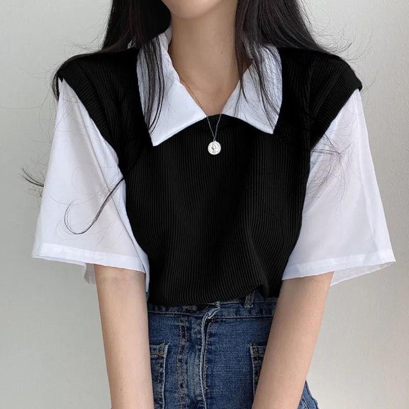 Women's Summer Color-Blocked Polo-Neck Preppy Short-Sleeve T-Shirt: Relaxed-Fit Casual Top