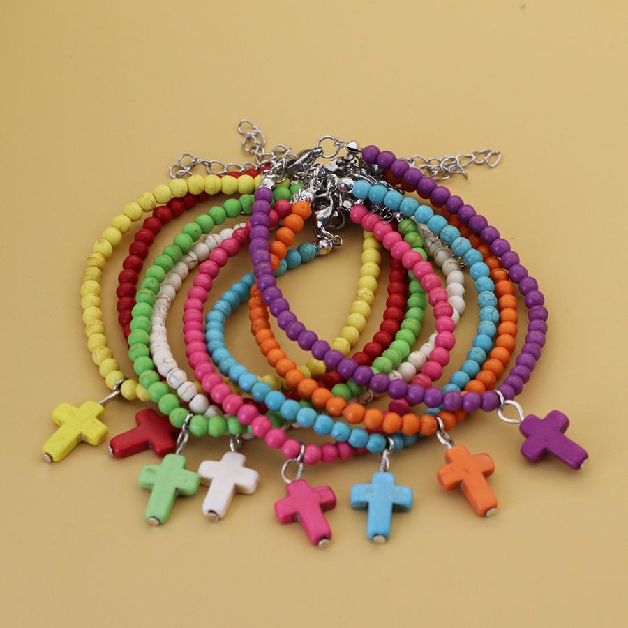 Bohemia Women Anklet Natural Red White Blue Howlite Stone Cross Foot Chain Adjustable Summer Beach Surfing Casual Accessories