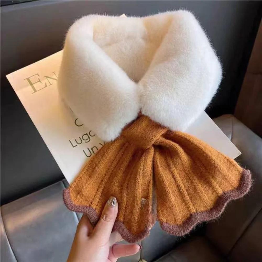 Winter Plush Scarf Woman Thick Fish Tail Wool Knit Cross Fur Collar Outdoor Cycling Neck Protection Cervical Spine Warm Scarve