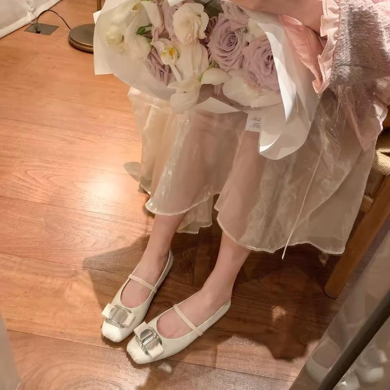 Cowhide version square head leather light mouth metal bow Mary Jane shoes women's flat ballet shoes