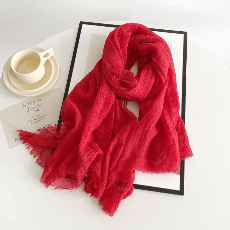 Women's Cotton Linen Gauze Scarf - Solid Color, Summer Sun Protection, Breathable, Retro Fringed Shawl