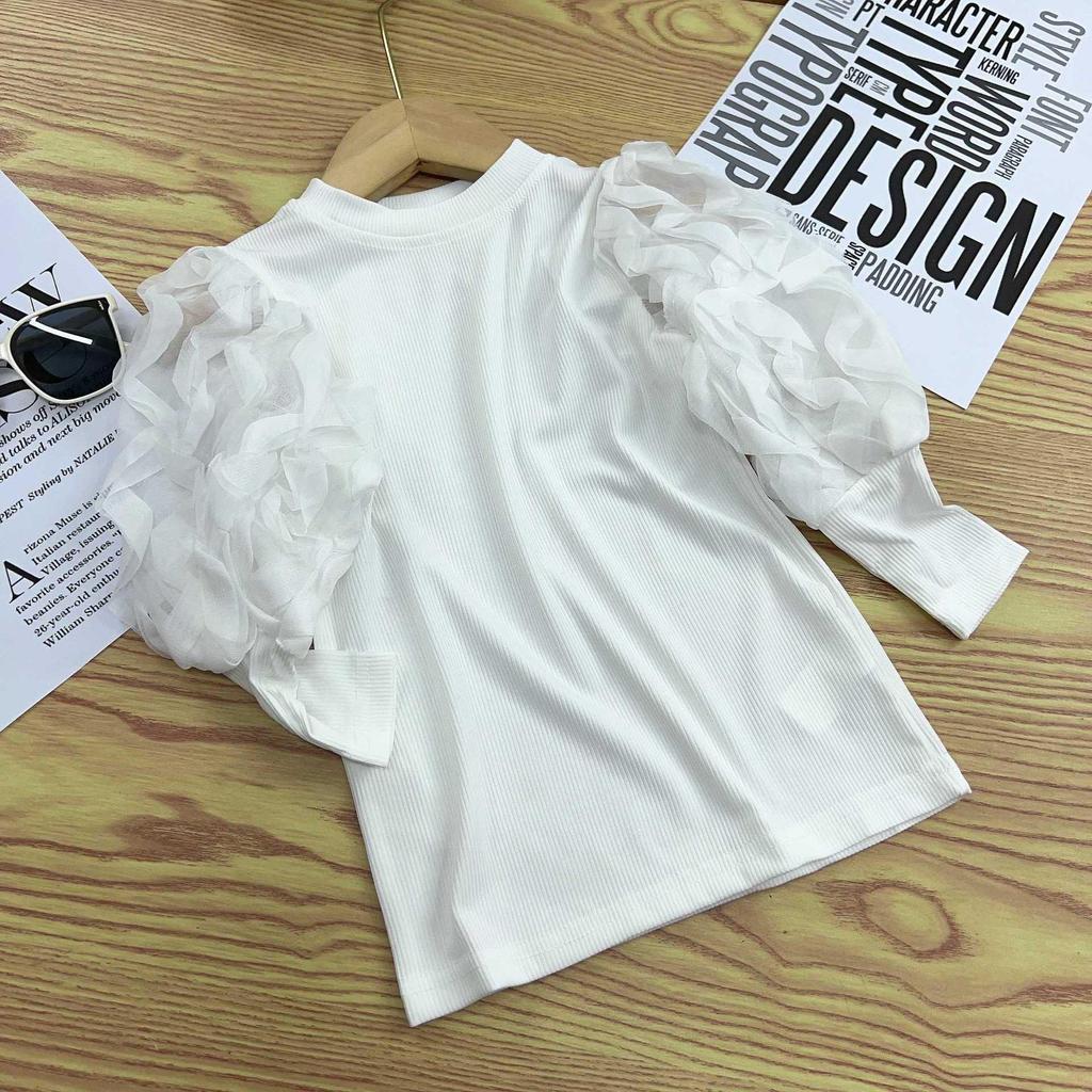 2025 Spring/Autumn Stylish Korean Bubble Sleeve Long-Sleeve T-Shirt for Girls