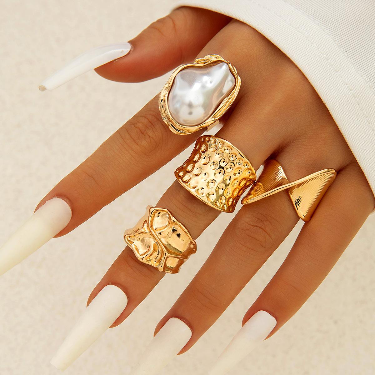 Accessories, versatile stacked wind special-shaped pearl ring, irregular dripping flower ring set
