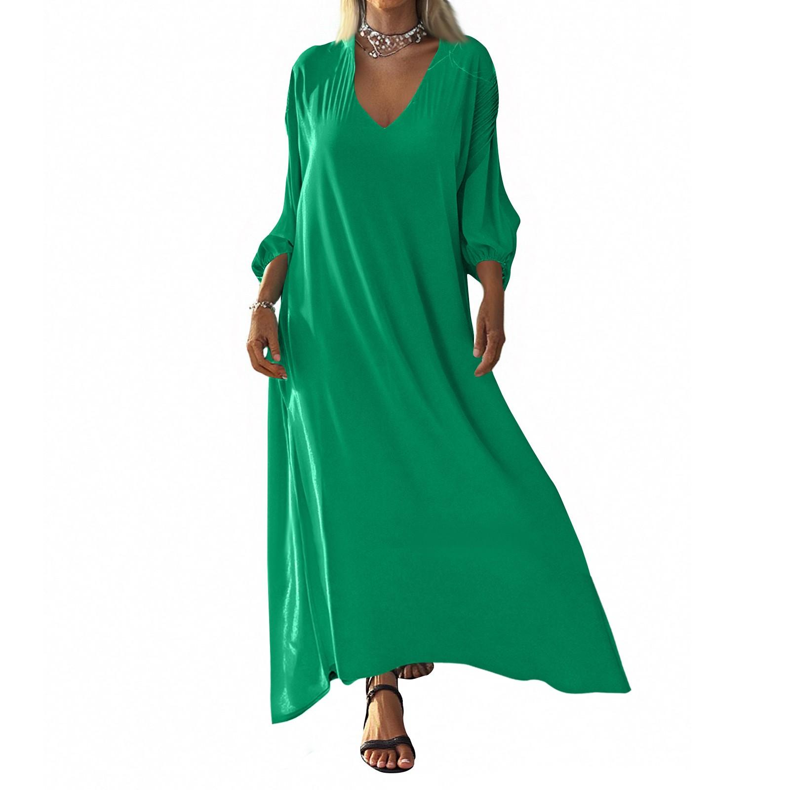 

Женское свободное платье с V-образным вырезом, однотонное, с длинным рукавом L зелёный