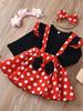 Kids Girls 3 Piece Outfit Long Sleeve Top with Flutter Sleeves Polka Dot Dress and Bow Headband Spring Autumn Set