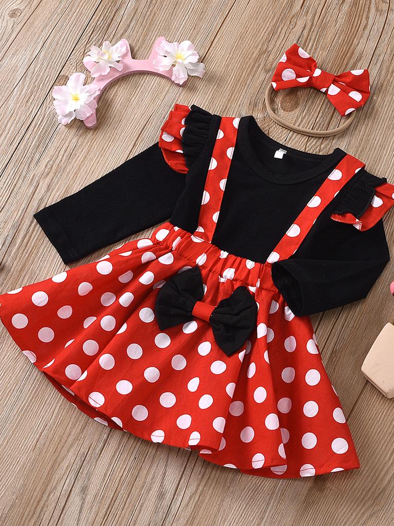 Kids Girls 3 Piece Outfit Long Sleeve Top with Flutter Sleeves Polka Dot Dress and Bow Headband Spring Autumn Set