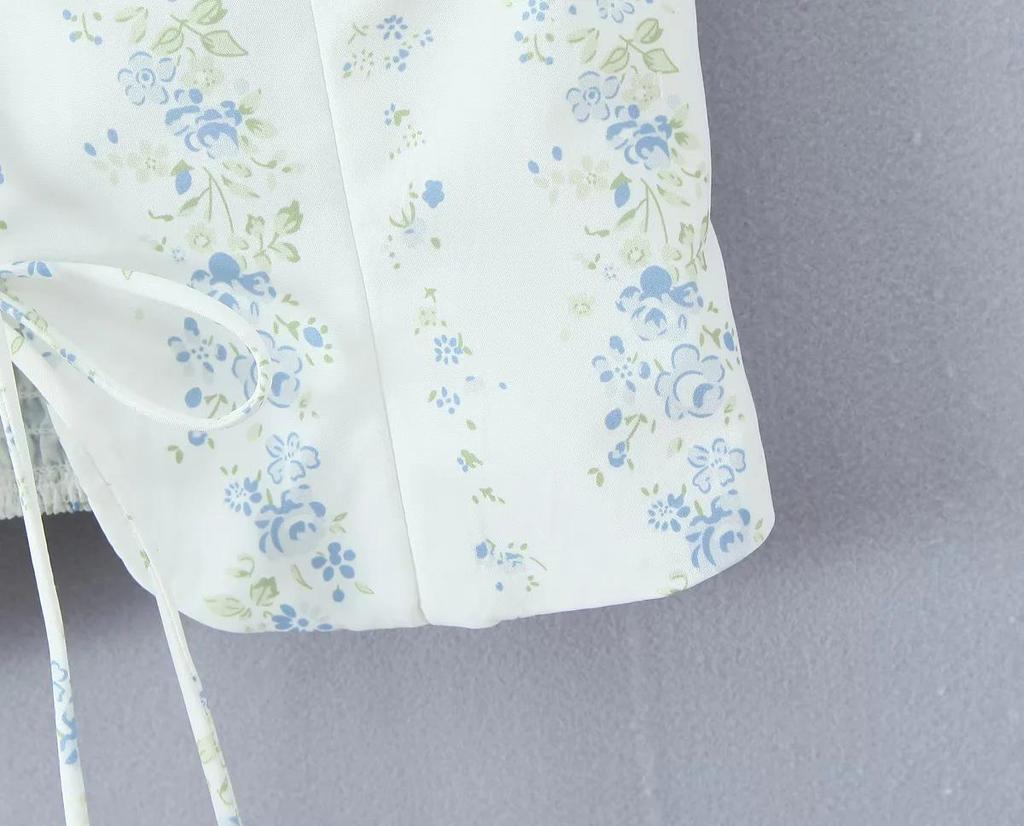 Elegant French Square Neck Floral Tie-Up Top - Women's Summer Slimming Waist-Cinching Shirt