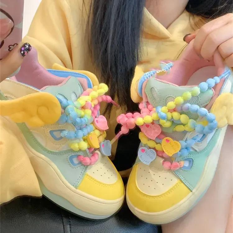 Fashion Sweet Best - Selling Rainbow - Colored Sneakers, Wing & Bead & Heart Detail, Ideal for Cute Daily Looks