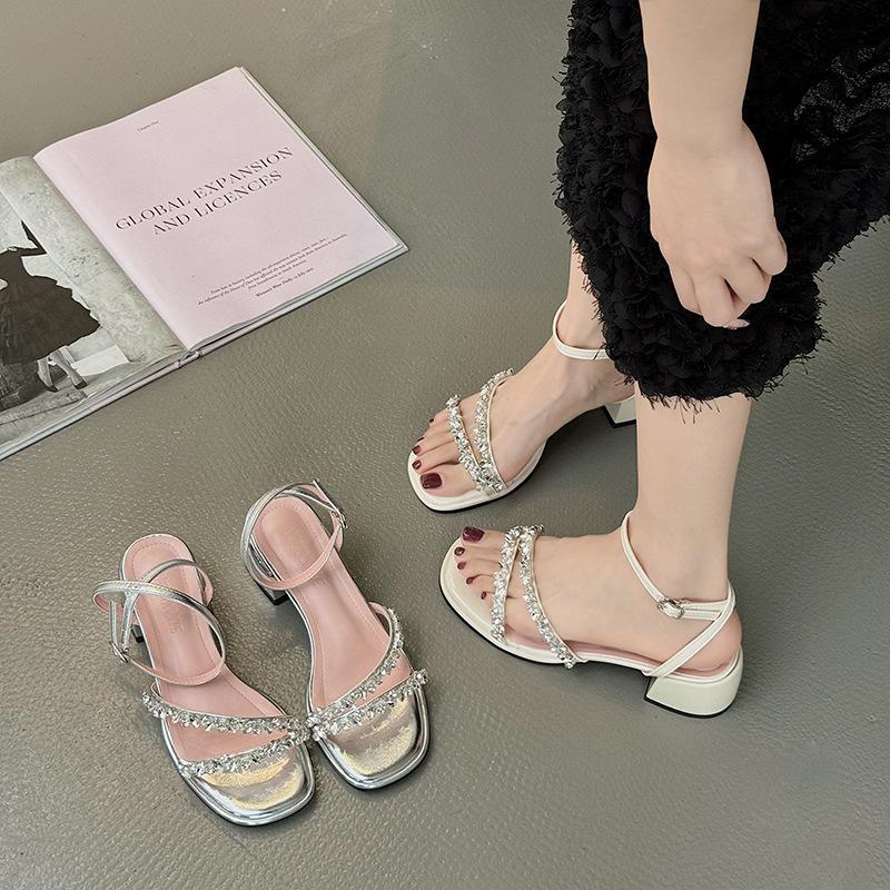 Square Head Word with Sandals Women's Summer Fashion Outer Wear Thick Heel Women's Shoes Temperament Celebrity Rhinestone High Heel Women's Sandals