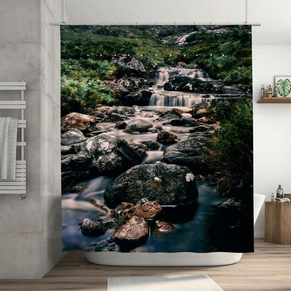 High-Quality Shower Curtain Featuring A Natural Stream Design For Bathroom Decor