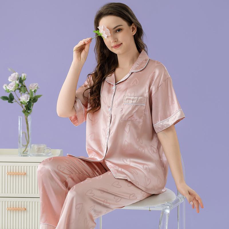 Cool Ice Silk Pajamas Women'S Autumn Short-Sleeved Trousers Love Printing Casual Loose Loungewear Set