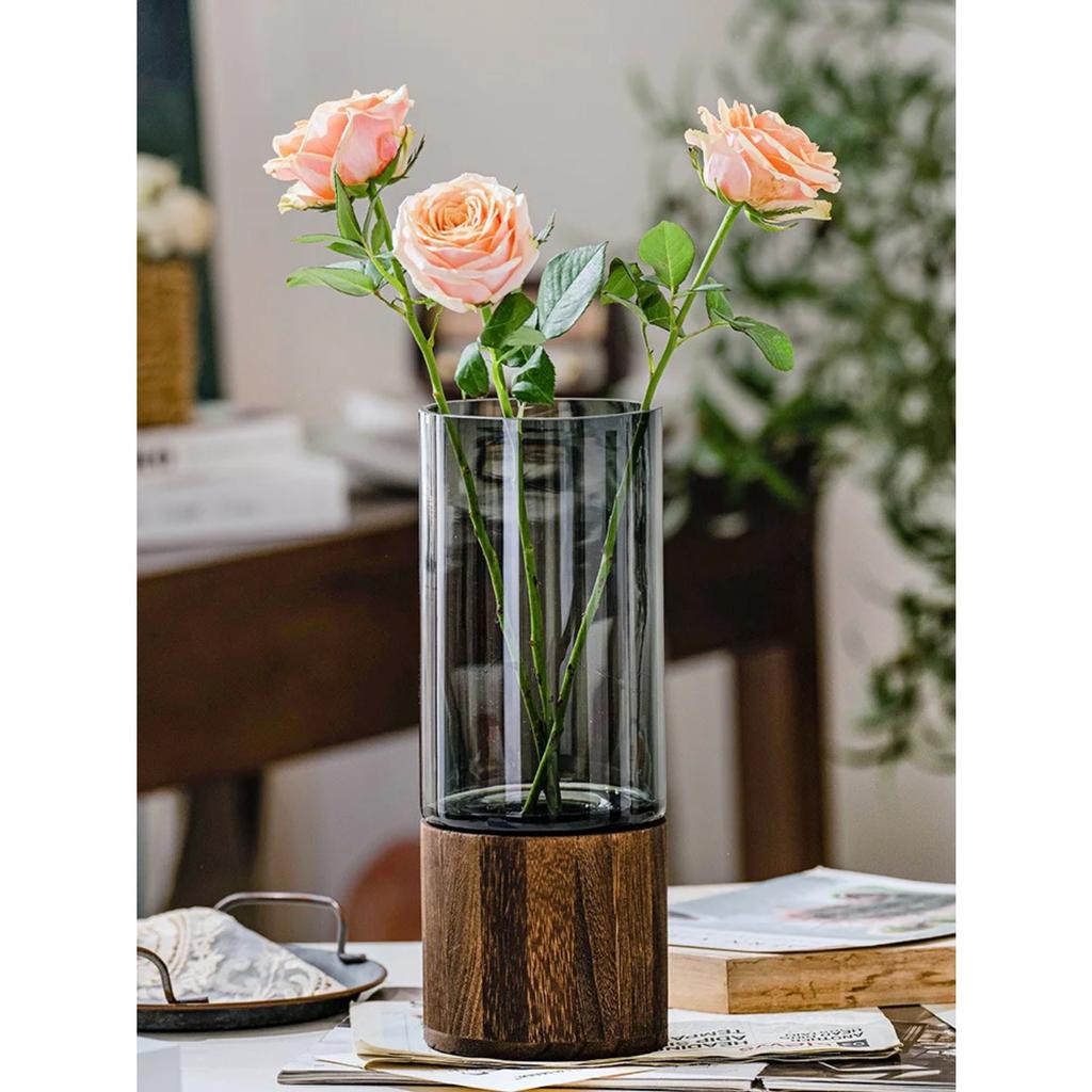Decoración de Jarrón con Base de Madera Simple y Creativo Vidrio Flores Cultivadas en Agua Sala de Estar Mesa de Comedor Arreglo Floral