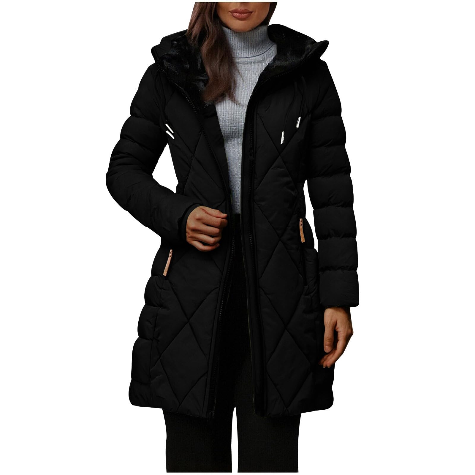

Women s Down Jackets Fleece Lined Winter Coat Double Zipper Hooded Jacket Warm Thick Overcoat L