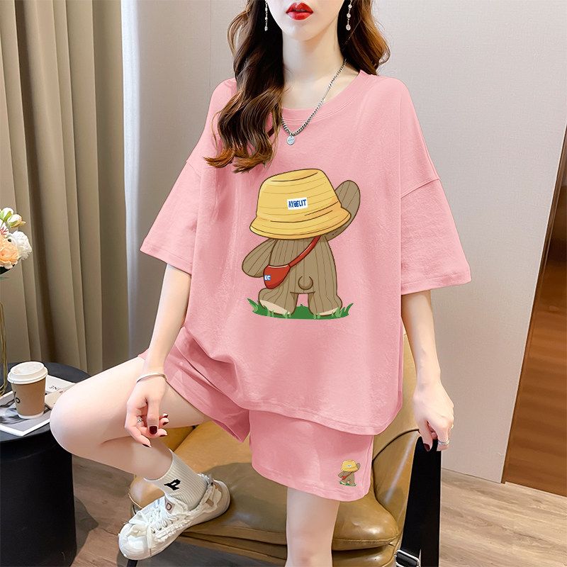 Pure Cotton Short Sleeve Short Pants Suit Women's Summer Plus Size Plus Size Ladies Loose Fashion Casual Sports Style Wear a Set of Fashion
