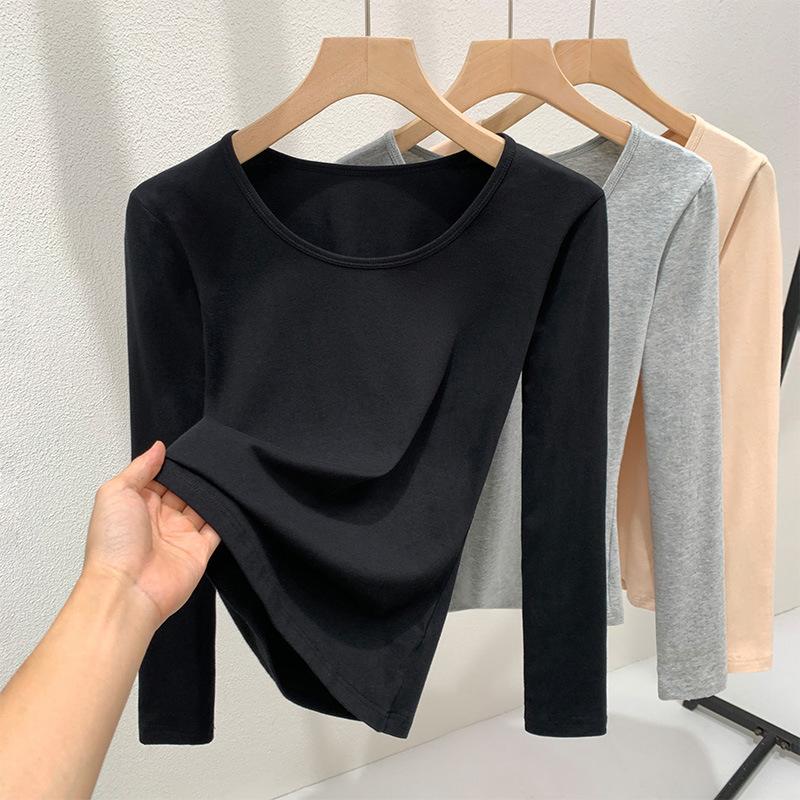 Осенняя одежда женская тонкая базовая рубашка 2025 осень и зима однотонная с круглым вырезом термобелье талия и хлопок шерсть топ M