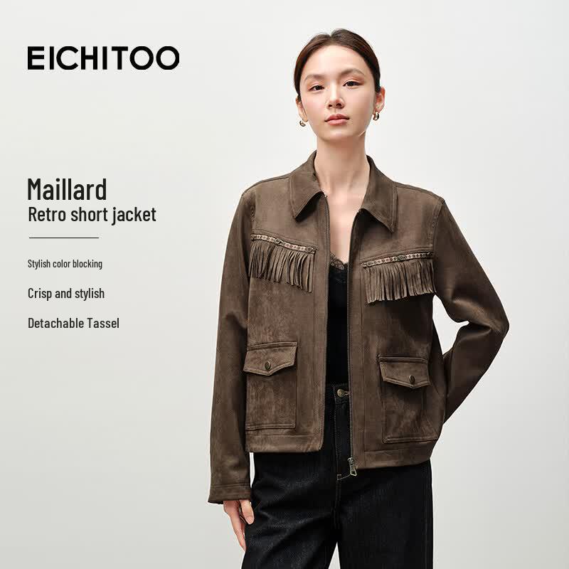 EICHITOO Women s Suede Retro Short Jacket with Detachable Tassels XL