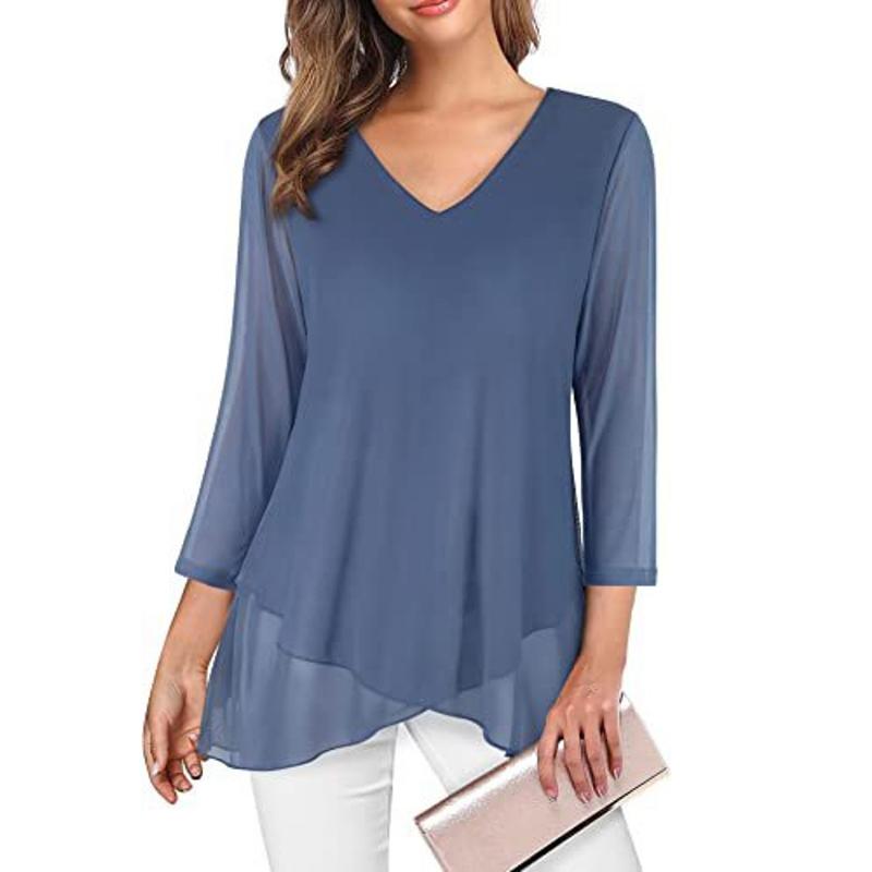 Summer New Seven Quarter Sleeve Casual Loose Shirts Women Asymmetrical V Neck Slim Print Elegant Blouse Women Fashion Lady Tops Plus Size Shirt 26490