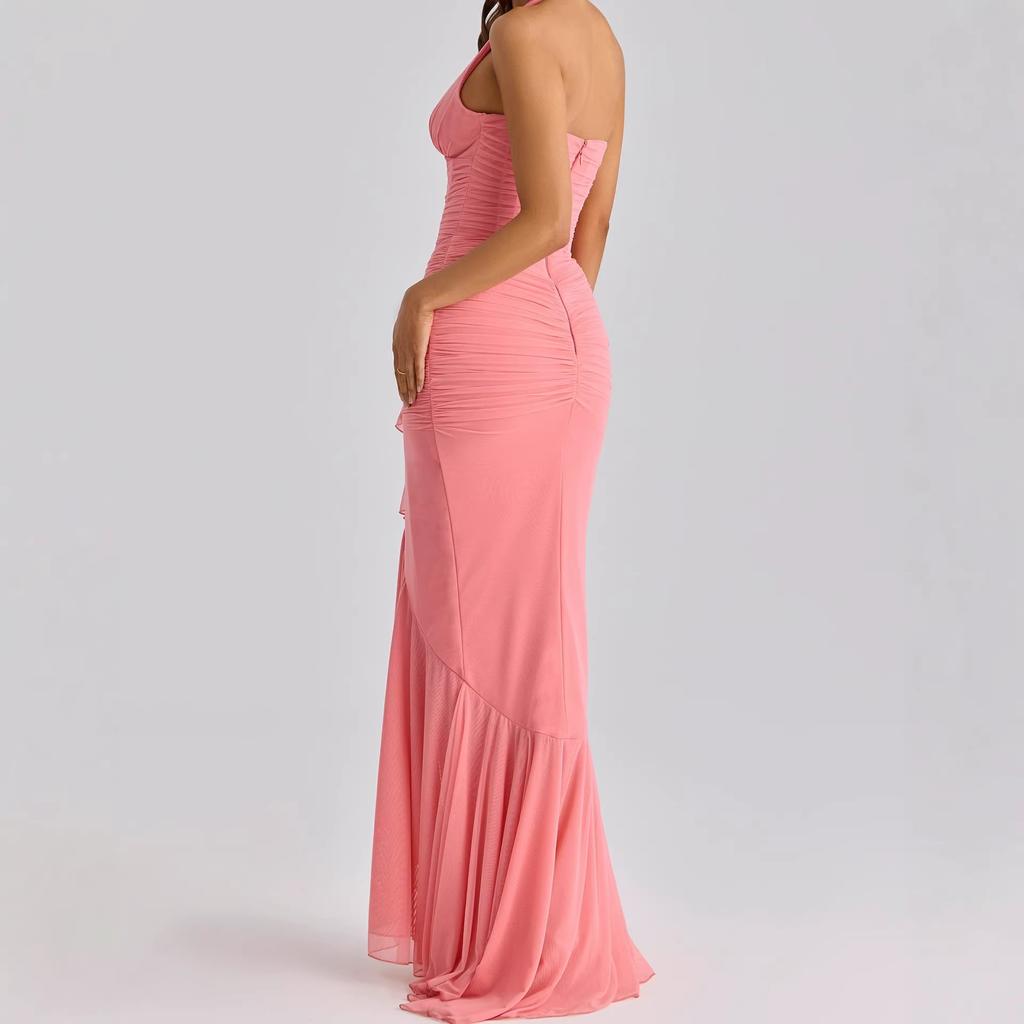 Spring 2026 European and American Cross-border New Neck Pleated Irregular Ruffle Edge Slim Dress Mesh Dress