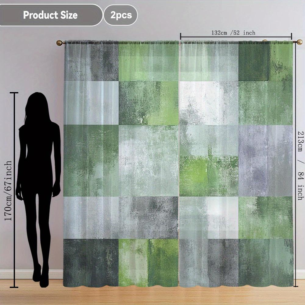 Green Gray Mottled Block Print Curtains Set of 2 Rod Pocket Semi Sheer for Living Room Bedroom Decor