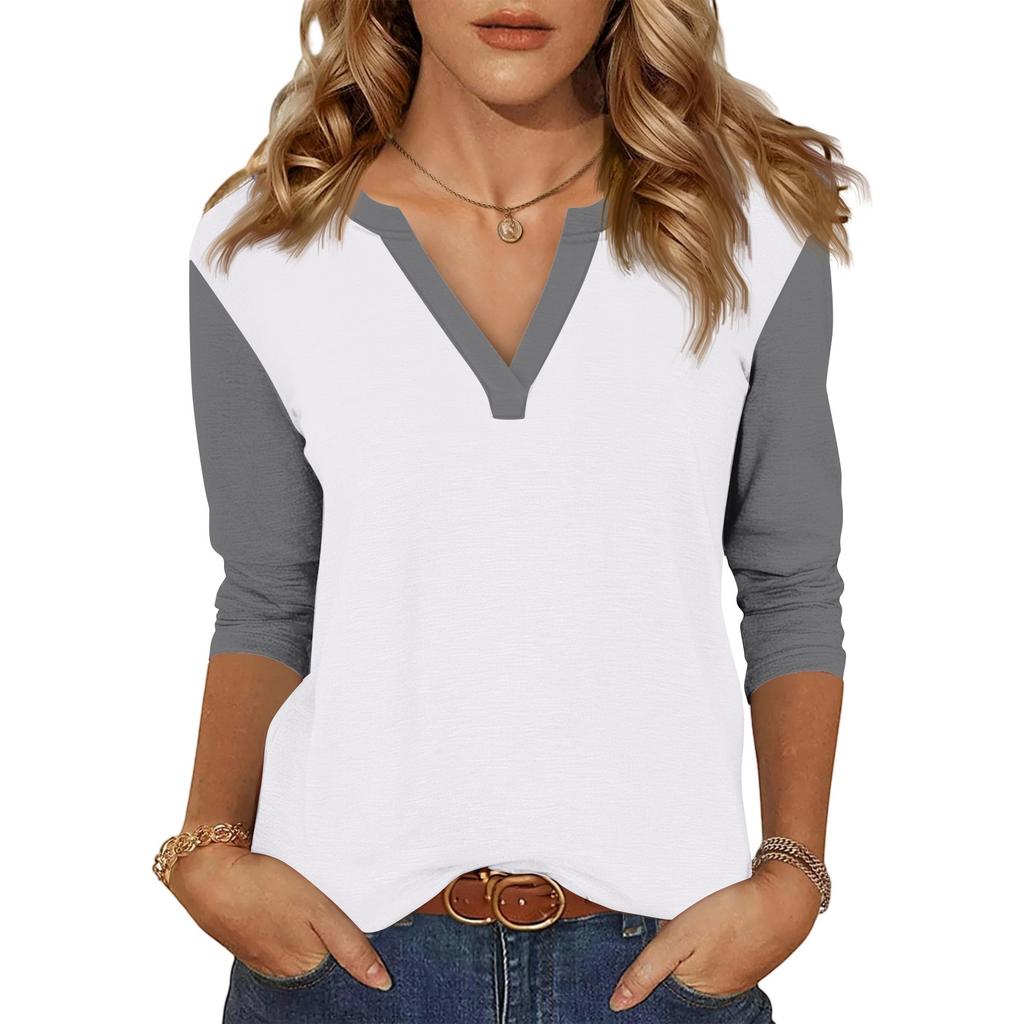 Women's Casual Fashion Sexy Comfortable V-neck Stitching Color Three-quarter Sleeve Top