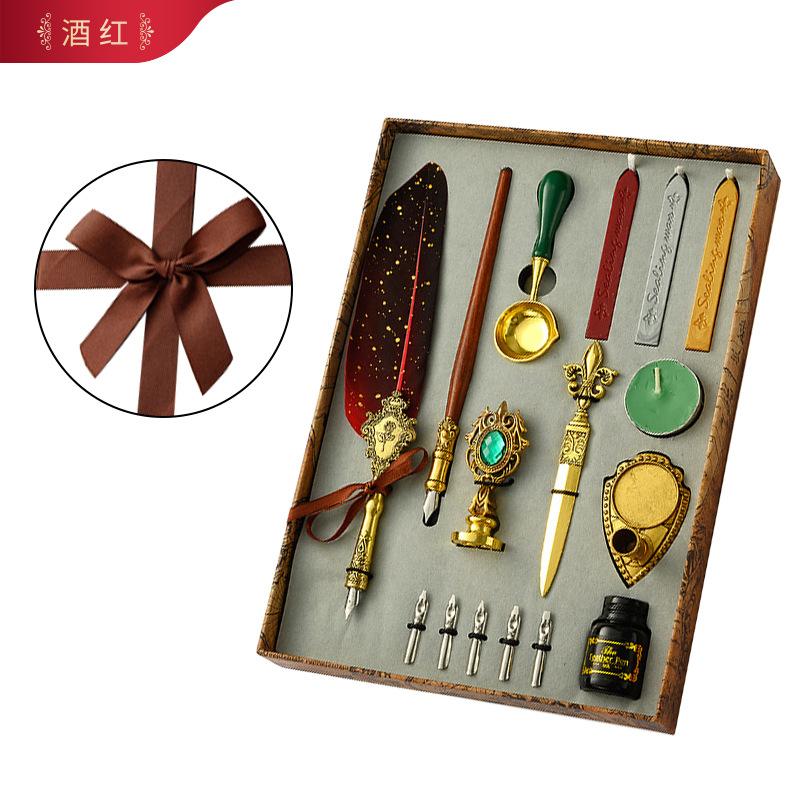 Retro Federkiel Schreibtinten-Set Schreibwaren Exquisites Federkiel-Tauchfeder Stempelset Kunstbedarf Basteln Geschenke für Schüler DIY