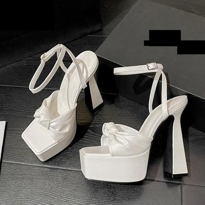 Designer Pleated Square Toe Sandals Women's Banquet Party High Heels Shoes Fashion Platform Buckle Strap Pumps