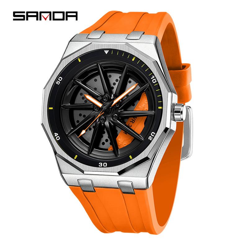 Fashion Sanda Top Brand Men's 360° Rotating Car Wheel Skeleton Dial Watch Luminous Quartz Sport Silicone Strap For Student Watch