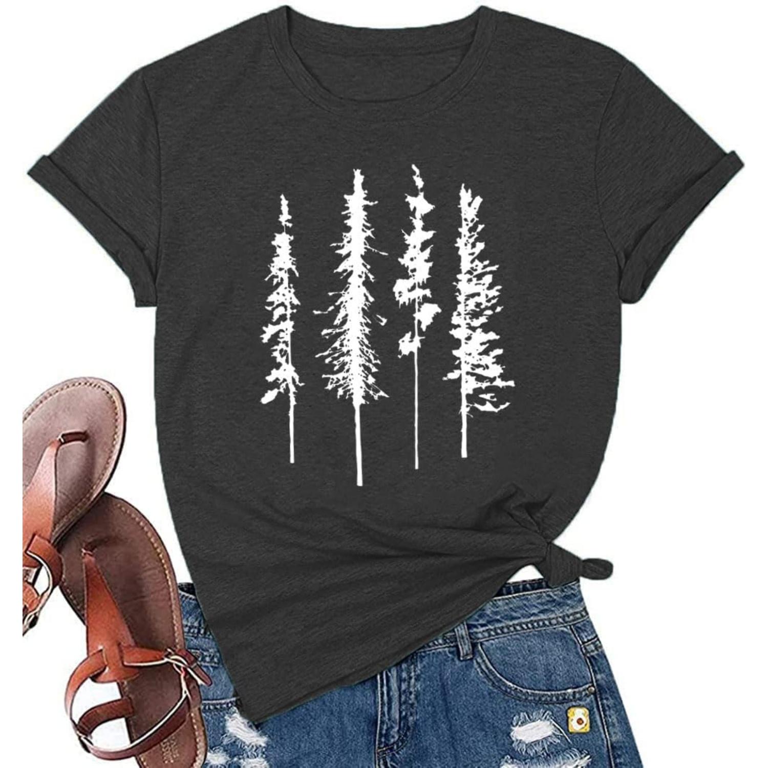 Funny Graphic Women Skinny Pine Tree Shirt Summer Hiking Camping Athletic Tees Nature Casual Comfy Clothes S чёрный